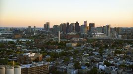 The Bunker Hill Monument and the Downtown Boston skyline, Charlestown, Massachusetts, sunset Aerial Stock Photos | AX146_094.0000191F