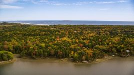 A colorful forest and rural homes, Phippsburg, Maine Aerial Stock Photos | AX147_383.0000000