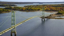 A view of the Deer Isle Bridge, colorful foliage, autumn, Maine Aerial Stock Photos | AX148_143.0000045