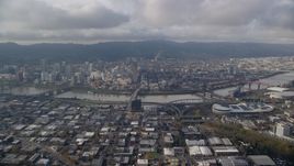 Downtown Portland, Willamette River bridges, and the convention center, seen from Lloyd District in Oregon Aerial Stock Photos | AX153_129.0000000F