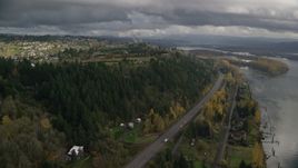 High above Highway 14 and hilltop suburban homes, autumn, Camas, Washington Aerial Stock Photos | AX153_146.0000208F