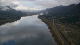 The Columbia River and I-84 through Columbia River Gorge, Multnomah County, Oregon Aerial Stock Photos | AX154_023.0000312F
