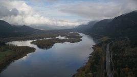 I-84 and islands in the Columbia River Gorge Aerial Stock Photos | AX154_025.0000144F