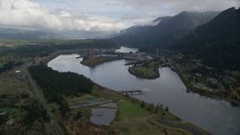 The Bonneville Dam and the Columbia River in the Columbia River Gorge Aerial Stock Photos | AX154_028.0000000F