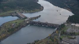 Bonneville Dam structures in the Columbia River Gorge Aerial Stock Photos | AX154_038.0000311F
