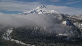 Low clouds over forest and ridge near snow-capped Mount Hood, Cascade Range, Oregon Aerial Stock Photos | AX154_121.0000120F