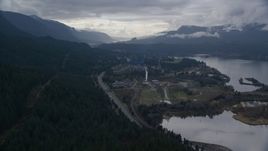 I-84 and the small town of Cascade Locks, Oregon in Columbia River Gorge Aerial Stock Photos | AX154_165.0000339F