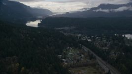 Evergreens by Interstate 84 in the town of Cascade Locks, Oregon in Columbia River Gorge Aerial Stock Photos | AX154_170.0000035F