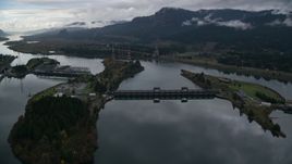 The Bonneville Dam structures on the Columbia River in the Columbia River Gorge Aerial Stock Photos | AX154_177.0000071F