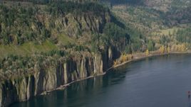 Four waterfalls on steep green cliffs beside the Columbia River on the Washington side of Columbia River Gorge Aerial Stock Photos | AX154_195.0000171F