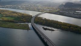 I-205 Bridge and the Columbia River with godrays shining down, Vancouver, Washington Aerial Stock Photos | AX154_218.0000275F