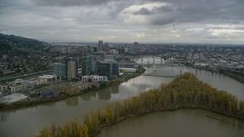 Willamette River and Ross Island, South Waterfront and Downtown Portland, Oregon Aerial Stock Photos | AX155_026.0000098F