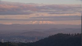 Mount Hood and Downtown Portland at sunset, seen from forest and hills in Northwest Portland, Oregon Aerial Stock Photos | AX155_139.0000222F