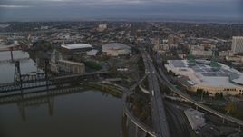 I-5 to Veterans Memorial Colosseum and Moda Center in Lloyd District, Portland, Oregon, sunset Aerial Stock Photos | AX155_175.0000000F