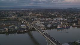 The Fremont Bridge with very heavy traffic at sunset, Portland, Oregon Aerial Stock Photos | AX155_182.0000216F