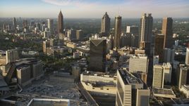 Downtown Atlanta skyscrapers and high-rises at sunset, Georgia Aerial Stock Photos | AX39_068.0000526F