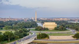 The Lincoln Memorial and Reflecting Pool, Washington Monument, National Mall, Washington D.C., sunset Aerial Stock Photos | AXP076_000_0012F