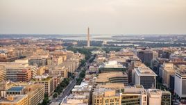 A wide view of the White House, Washington Monument, and Jefferson Memorial, Washington D.C., sunset Aerial Stock Photos | AXP076_000_0018F