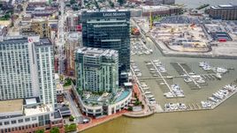 Marriott and Four Seasons hotels, Legg Mason Tower, and Harbor East Marina in Baltimore, Maryland Aerial Stock Photos | AXP078_000_0007F