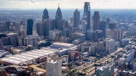 The Pennsylvania Convention Center and skyscrapers in Downtown Philadelphia, Pennsylvania Aerial Stock Photos | AXP079_000_0003F