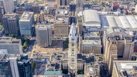 The William Penn statue atop Philadelphia City Hall in Pennsylvania Aerial Stock Photos | AXP079_000_0006F