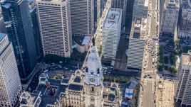 The William Penn statue on the top of Philadelphia City Hall in Pennsylvania Aerial Stock Photos | AXP079_000_0007F