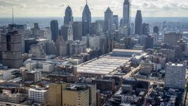 The Philadelphia Convention Center and the Downtown Philadelphia skyline, Pennsylvania Aerial Stock Photos | AXP079_000_0013F