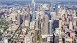 Talk towers and city buildings in downtown Philadelphia, Pennsylvania Aerial Stock Photos | AXP079_000_0016F