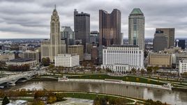The city's downtown skyline across the river, Downtown Columbus, Ohio Aerial Stock Photos | DXP001_000494
