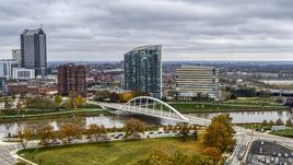 Condo complex and office building by bridge spanning the river in Columbus, Ohio Aerial Stock Photos | DXP001_000498