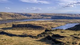 Miller Island and the Columbia River seen from a cliff in Goldendale, Washington Aerial Stock Photos | DXP001_019_0009