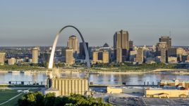 The Arch and skyline, seen from a casino by the Mississippi River, sunrise, Downtown St. Louis, Missouri Aerial Stock Photos | DXP001_021_0002