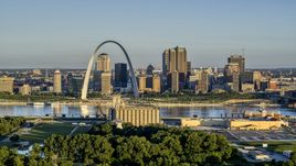 The skyline and Arch across from a park and grain elevator, Downtown St. Louis, Missouri Aerial Stock Photos | DXP001_021_0004