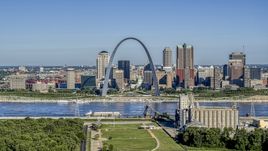 The Mississippi River and Gateway Arch by the skyline, Downtown St. Louis, Missouri Aerial Stock Photos | DXP001_023_0001