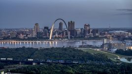 The Mississippi River, the Gateway Arch, and Downtown St. Louis, Missouri, twilight Aerial Stock Photos | DXP001_037_0004
