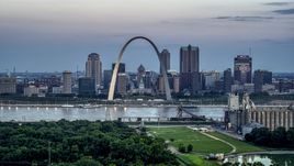 Gateway Arch and the skyline of Downtown St. Louis, Missouri, at twilight Aerial Stock Photos | DXP001_037_0015