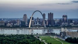View of the Gateway Arch and the skyline of Downtown St. Louis, Missouri, at twilight Aerial Stock Photos | DXP001_037_0016