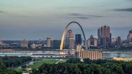 The Gateway Arch at sunrise in Downtown St. Louis, Missouri Aerial Stock Photos | DXP001_038_0002