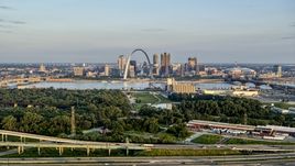 A wide view of the Gateway Arch in the morning, seen from I-55, Downtown St. Louis, Missouri Aerial Stock Photos | DXP001_038_0008