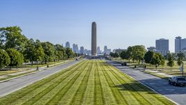A view of the WWI memorial from green lawn in Kansas City, Missouri Aerial Stock Photos | DXP001_043_0009