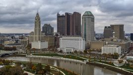 The city's skyline across the Scioto River, Downtown Columbus, Ohio Aerial Stock Photos | DXP001_087_0001