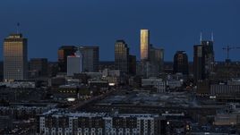 Tall skyscrapers reflecting light in the city skyline at twilight in Downtown Nashville, Tennessee Aerial Stock Photos | DXP002_115_0007