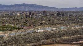 A view of high-rise office buildings seen from city park, Downtown Albuquerque, New Mexico Aerial Stock Photos | DXP002_124_0004