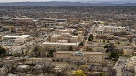 The Bataan Memorial Building in downtown, Santa Fe, New Mexico Aerial Stock Photos | DXP002_130_0014