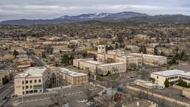 The Bataan Memorial Building and the downtown area of the city, Santa Fe, New Mexico Aerial Stock Photos | DXP002_131_0004