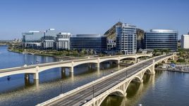 Bridges leading to waterfront office buildings in Tempe, Arizona Aerial Stock Photos | DXP002_142_0005