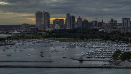 Marina and the city's skyline at twilight, Downtown Milwaukee, Wisconsin Aerial Stock Photos | DXP002_155_0003