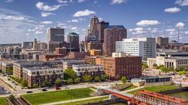 The city's skyline seen from apartment and office buildings in Downtown Des Moines, Iowa Aerial Stock Photos | DXP002_165_0002