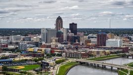 A view of the Cedar River and skyline of Downtown Des Moines, Iowa Aerial Stock Photos | DXP002_165_0018