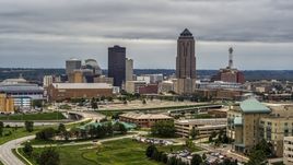 The city's skyline and tall skyscraper in Downtown Des Moines, Iowa, seen from the hospital Aerial Stock Photos | DXP002_167_0001
